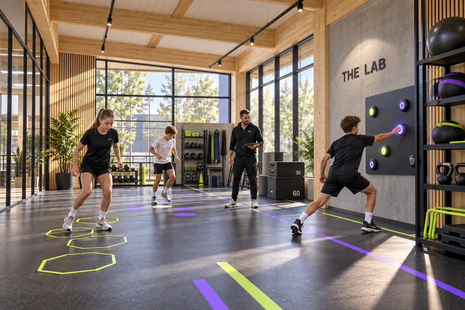 Konzeptansicht von The Lab mit Reaktionswand, Koordinationstraining und Trainer