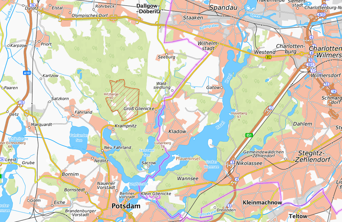 Region mit Potsdam im Süden, Groß Glienicke in der Mitte und Berlin-Spandau im Nordosten