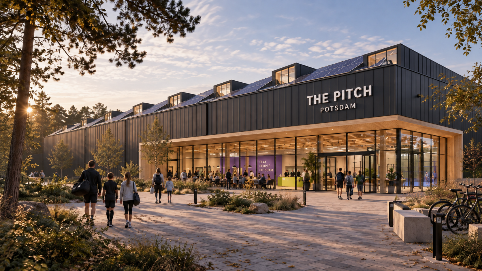 Eigene Konzeptvisualisierung: dunkle Sporthalle mit Holztragwerk, verglastem Foyer und THE PITCH POTSDAM an der Fassade