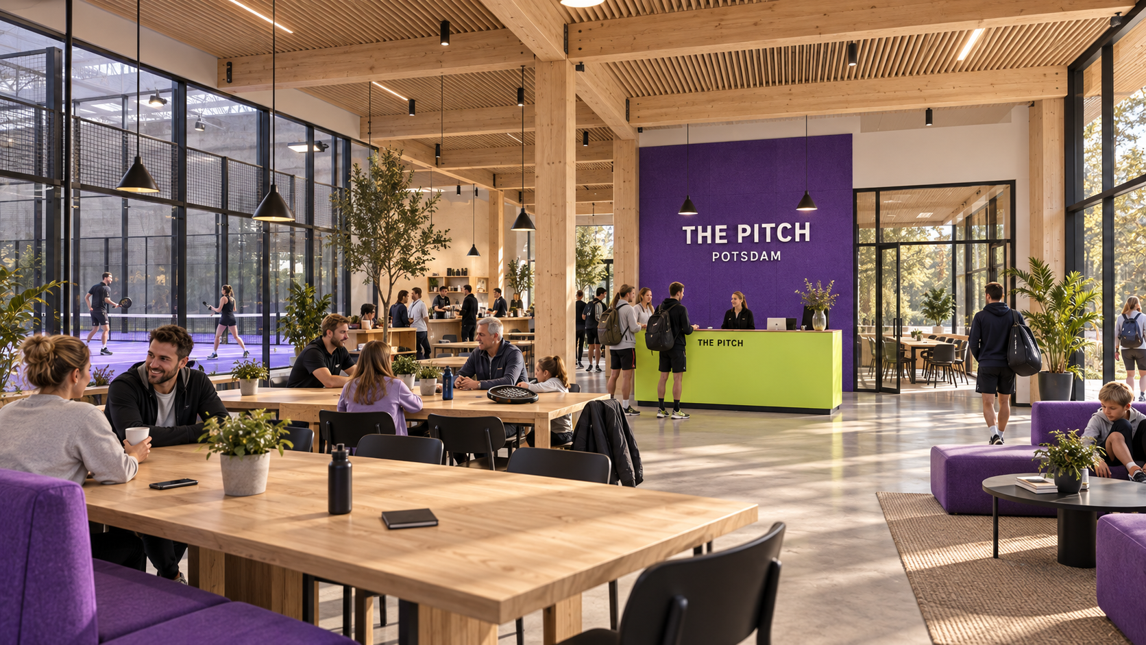 Konzeptvisualisierung eines offenen Treffpunkts mit Holztischen, violetten Sitzbänken, Lime-Empfang und THE PITCH POTSDAM an der Wand